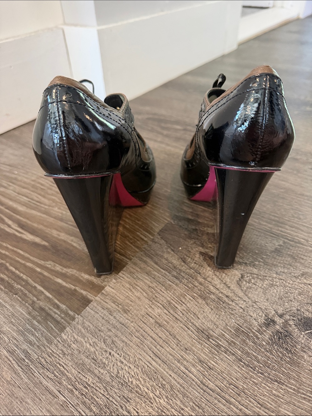 Betsey Johnson Black Patent & Brown Trim Lace-Up Heels - Picture 4 of 7